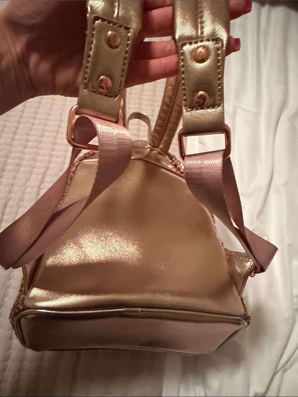 Loungefly Rose Gold Sequin Mini Backpack with Metallic Bow (Retired heart logo) - Picture 3 of 7